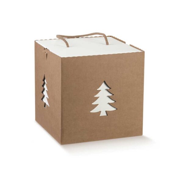 Caixa em cartão kraft e branco com recorte árvore de Natal
